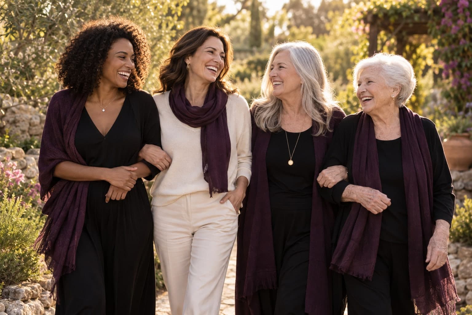 Women across adult generations and diverse races and body types enjoying time outdoors.