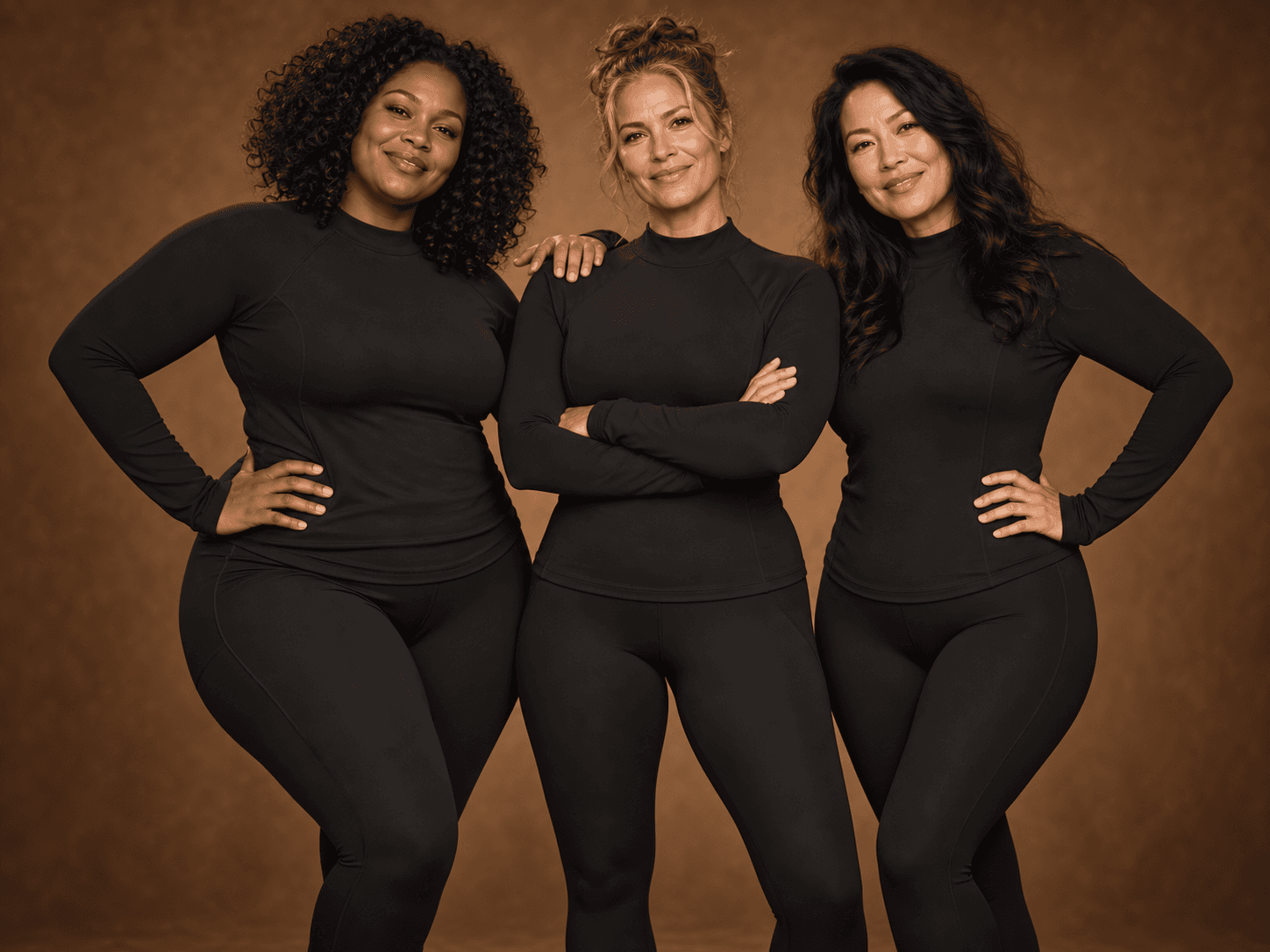 Three women with different body types standing together in black activewear.