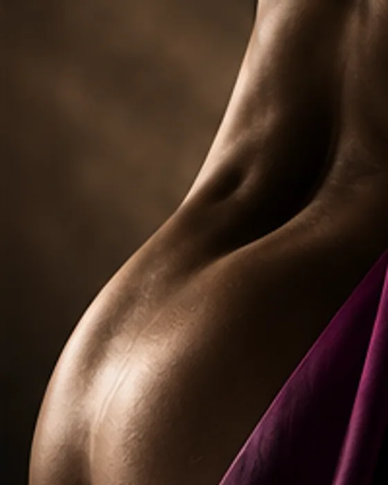 Warm-lit study of a strong, toned torso draped in deep plum silk.