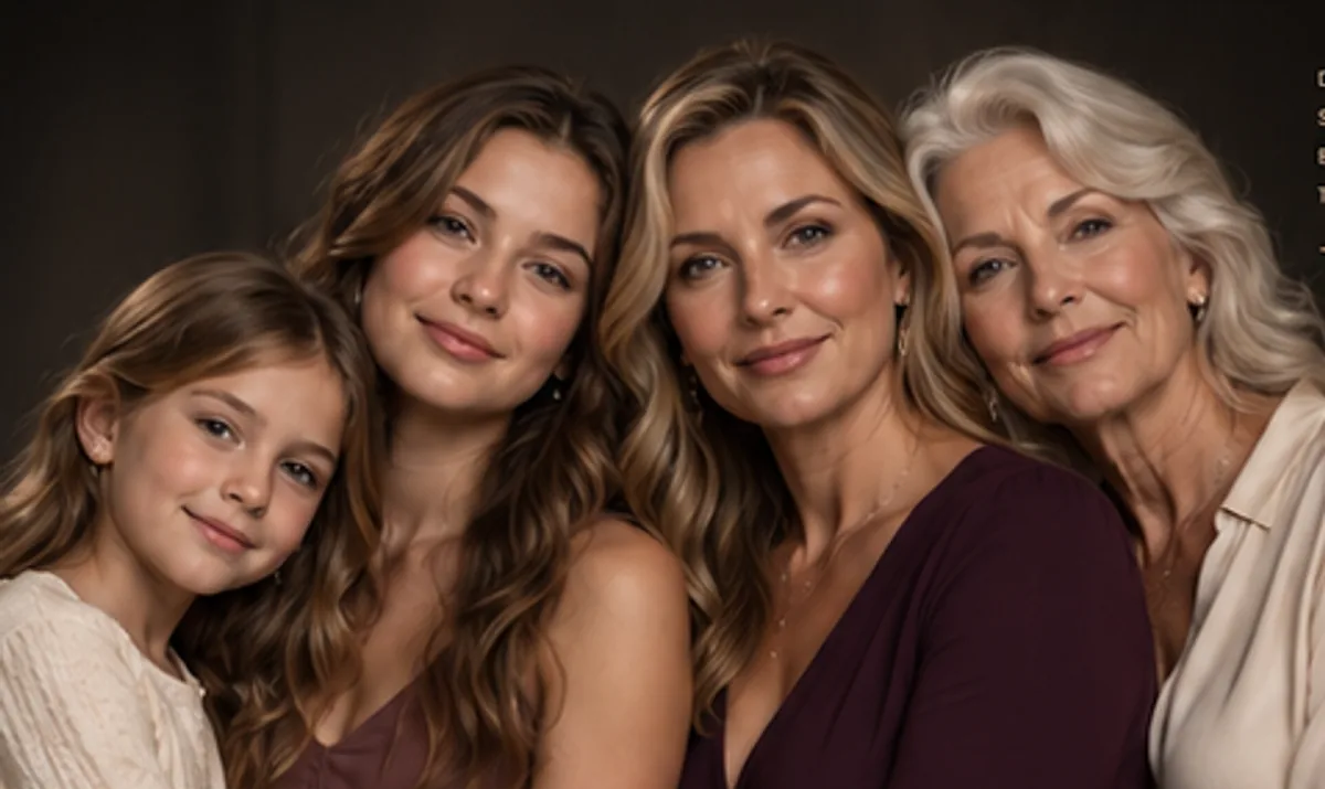 Four generations of a family standing together in warm, soft light.