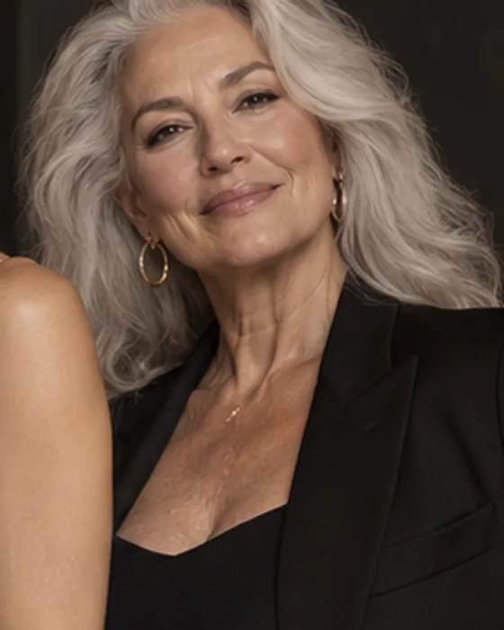 A silver-haired woman in a black blazer, relaxed and smiling at the camera.