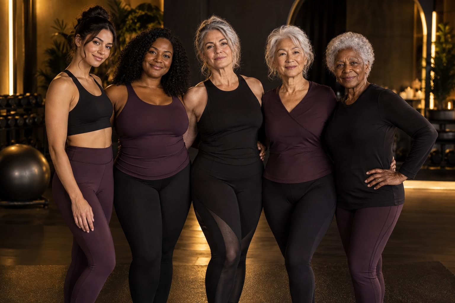Women of varied races and body sizes, from young adulthood to their 70s and 80s, together in activewear.