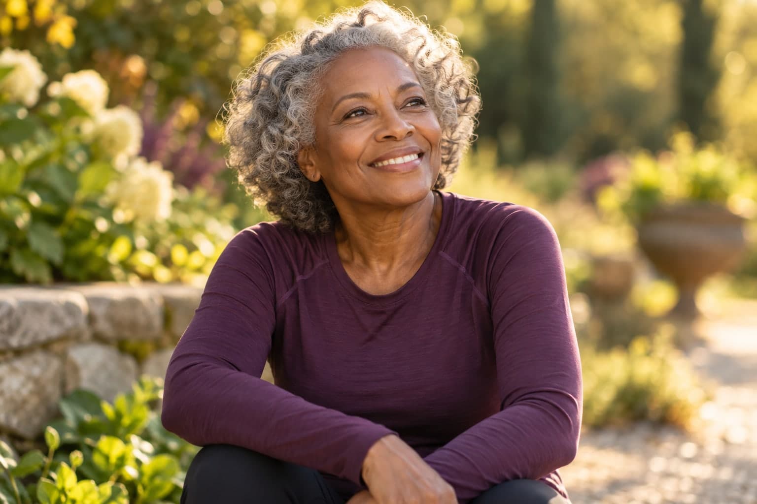 An older woman enjoying a peaceful outdoor moment after gentle movement.