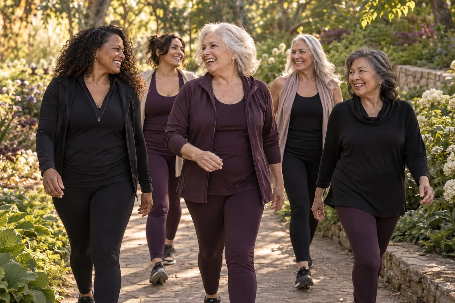 Women of varied races and body sizes, from young adults to women in their 70s and 80s, walking and enjoying time outdoors.