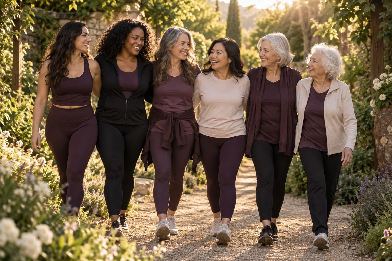 Women across generations in modest casual and athletic clothing.