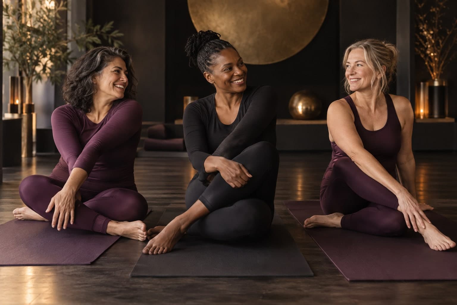 Women in modest athletic clothing stretching together during a recovery session.