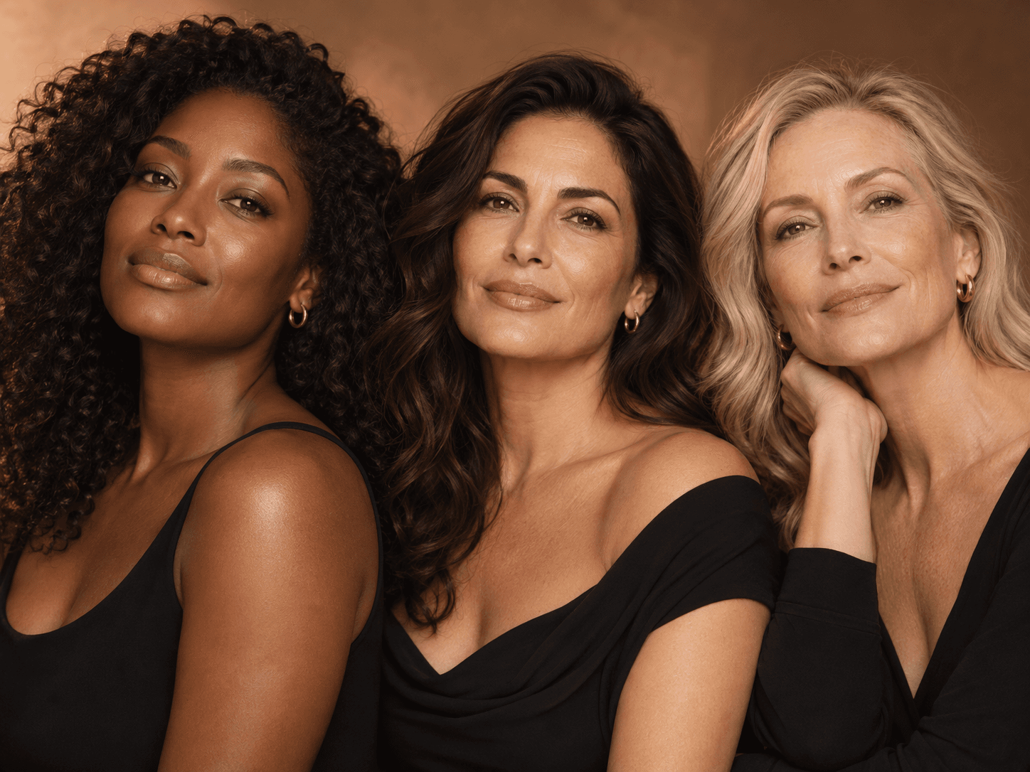 Three women with diverse skin tones in a warm beauty editorial portrait.
