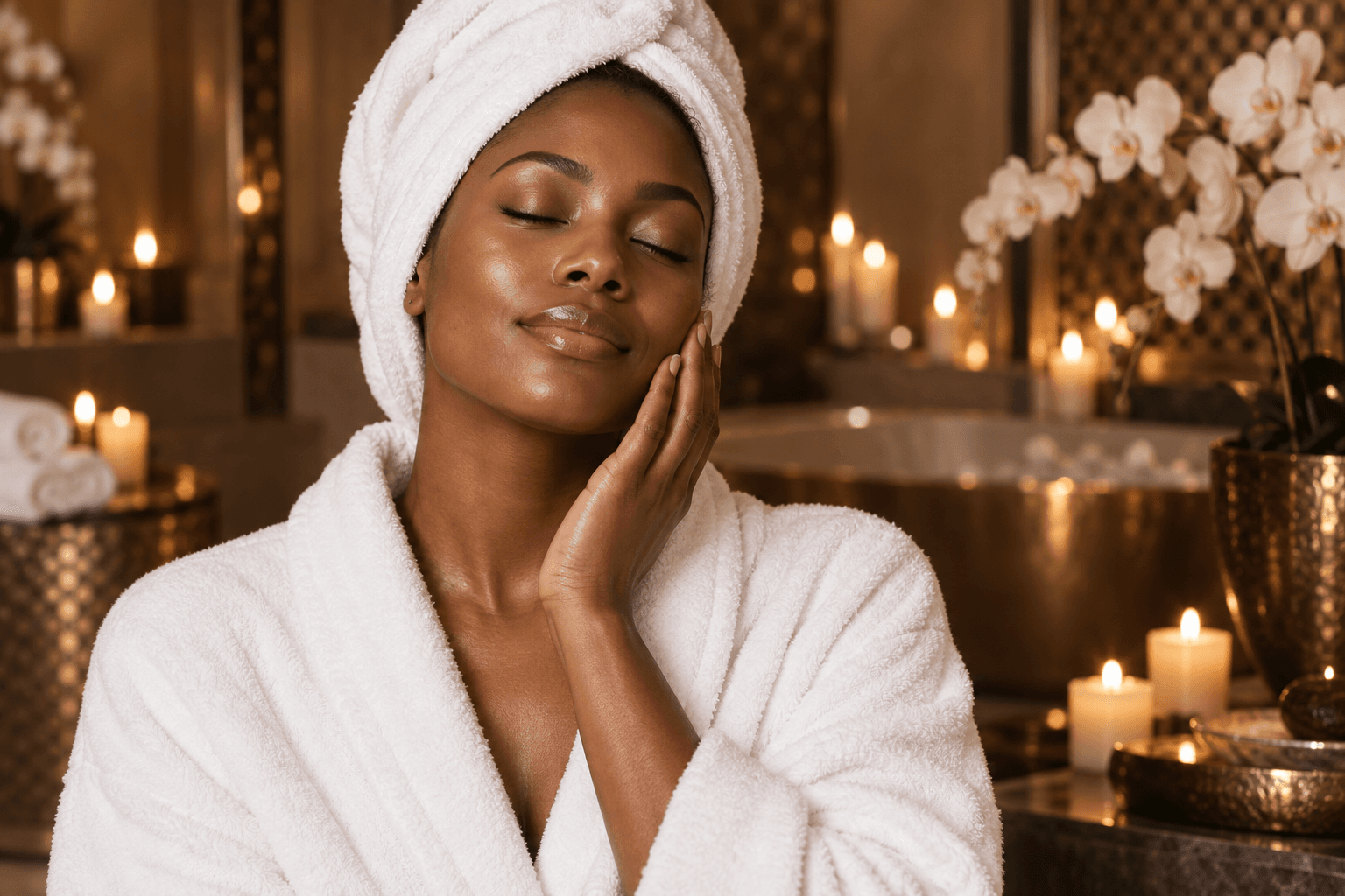 Woman in a white spa robe and towel enjoying a quiet skincare moment.